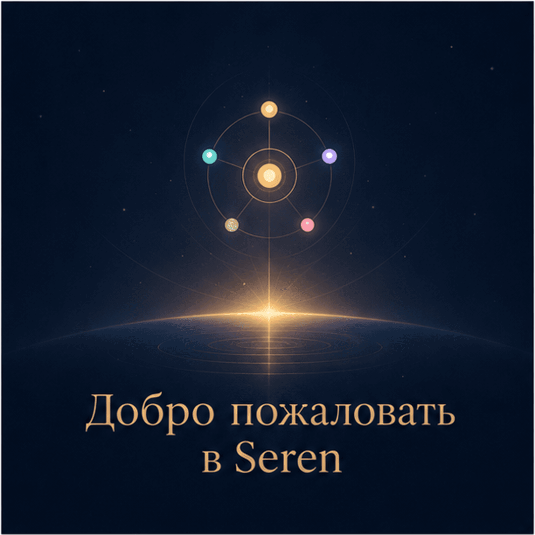 Семантическое ядро Seren над светящейся линией горизонта и заголовок Добро пожаловать в Seren.