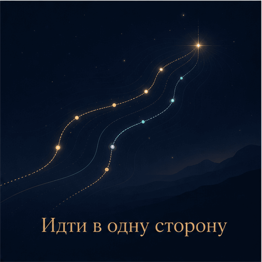 Две светящиеся линии созвездий движутся к одной звезде и заголовок Идти в одну сторону.