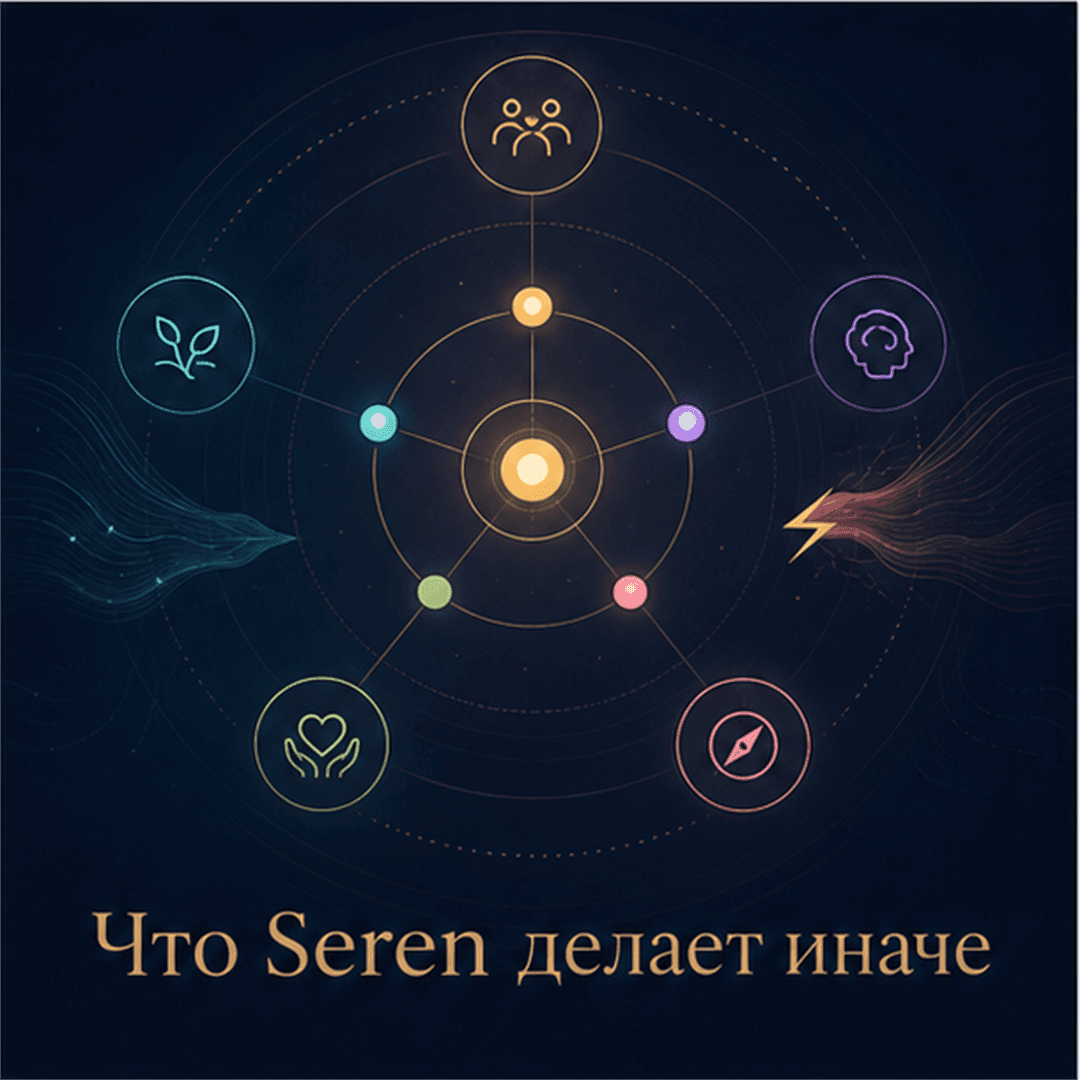 Абстрактное семантическое ядро Seren с ценностными токенами и заголовок Что Seren делает иначе.